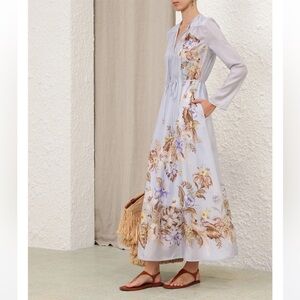 Final Zimmermann Coco Placed Print Long Sleeve Silk Long Dress Blue Au0 US4